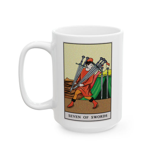 Seven of Swords Tarot Card Coffee Mug - Double Sided White Ceramic 15oz by TheGlassyLass.com