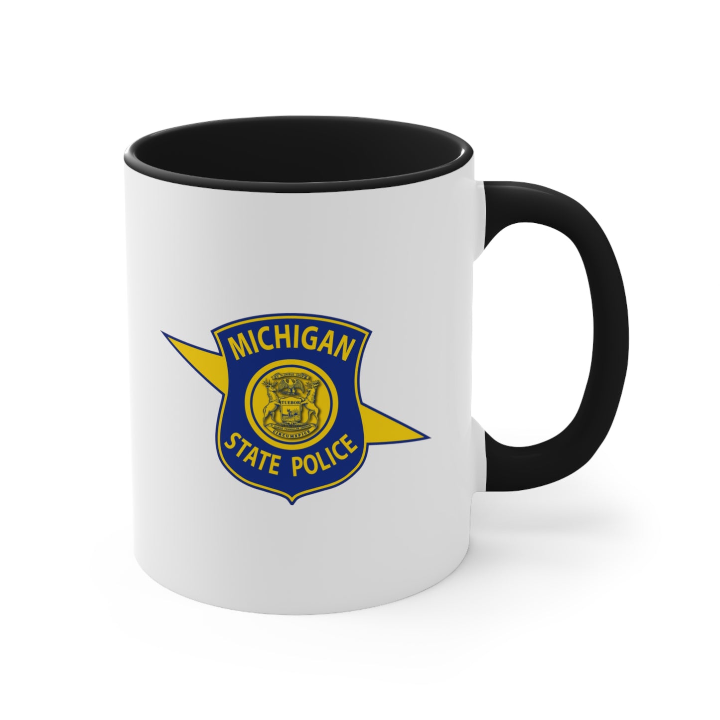 Michigan State Police Coffee Mug - Double Sided Black Accent White Ceramic 11oz by TheGlassyLass