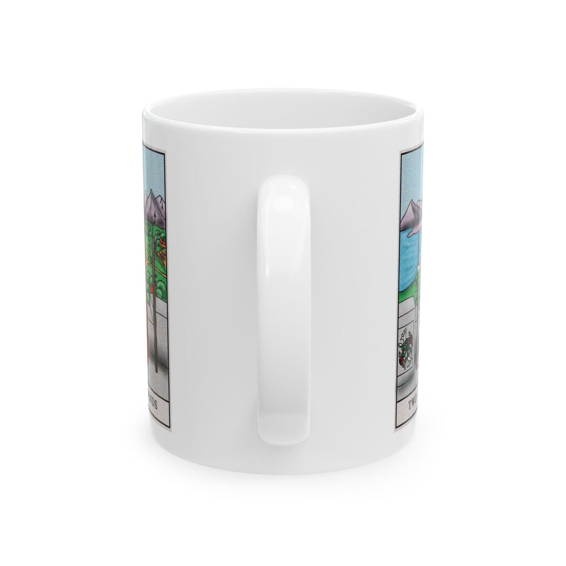 Two of Wands Tarot Card Coffee Mug - Double Sided Print, White Ceramic, 11oz by TheGlassyLass.com