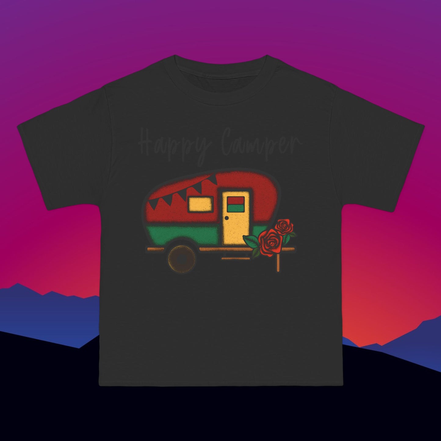 Happy Camper T-Shirt: (Hanes Beefy-T 100% Preshrunk Cotton) Custom Printed by TheGlassyLass.com