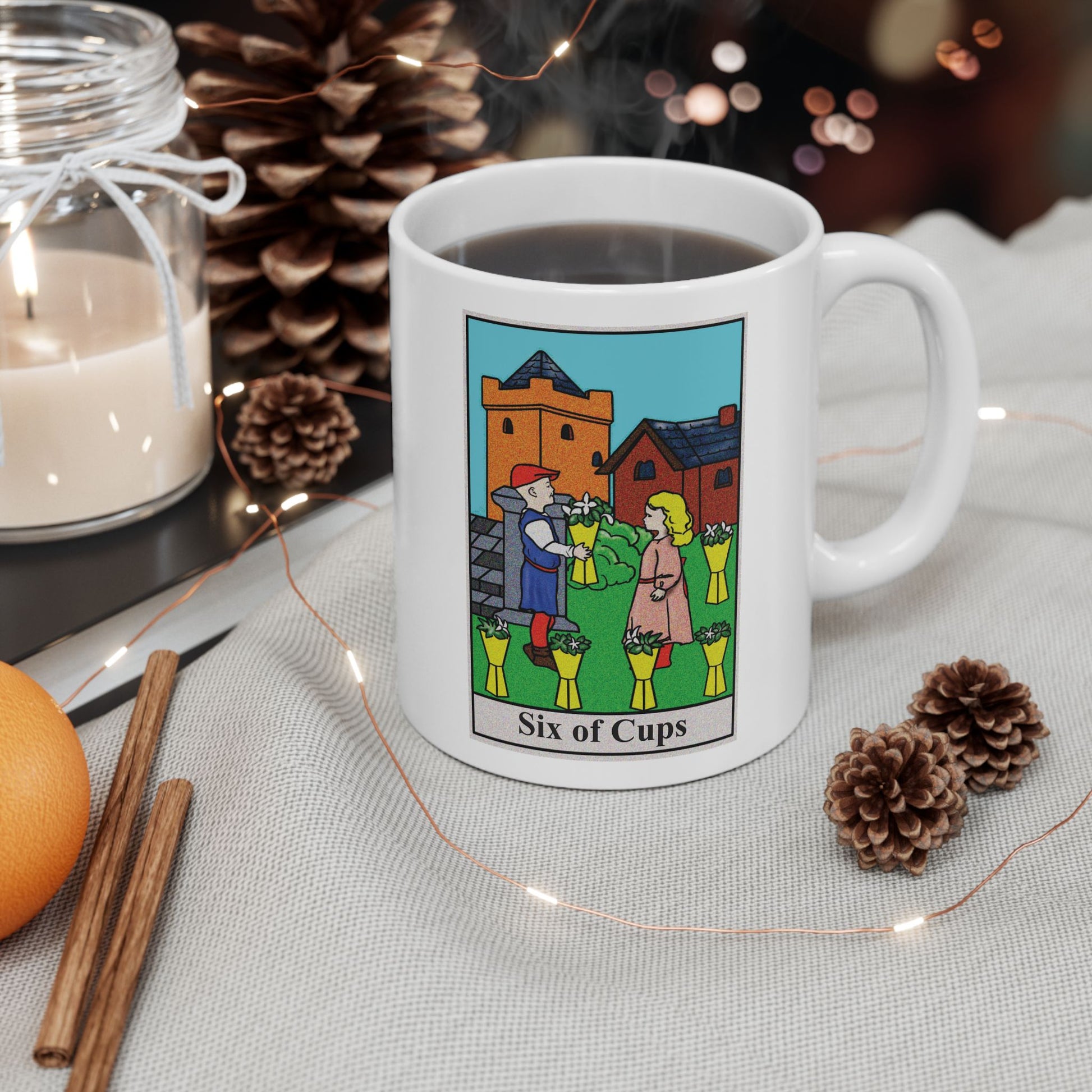 Six of Cups Tarot Card Coffee Mug - Double Sided Print, White Ceramic, 11oz by TheGlassyLass.com