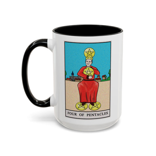 Four of Pentacles Tarot Card Coffee Mug - Double Sided Black Accent White Ceramic 15oz by TheGlassyLass.com