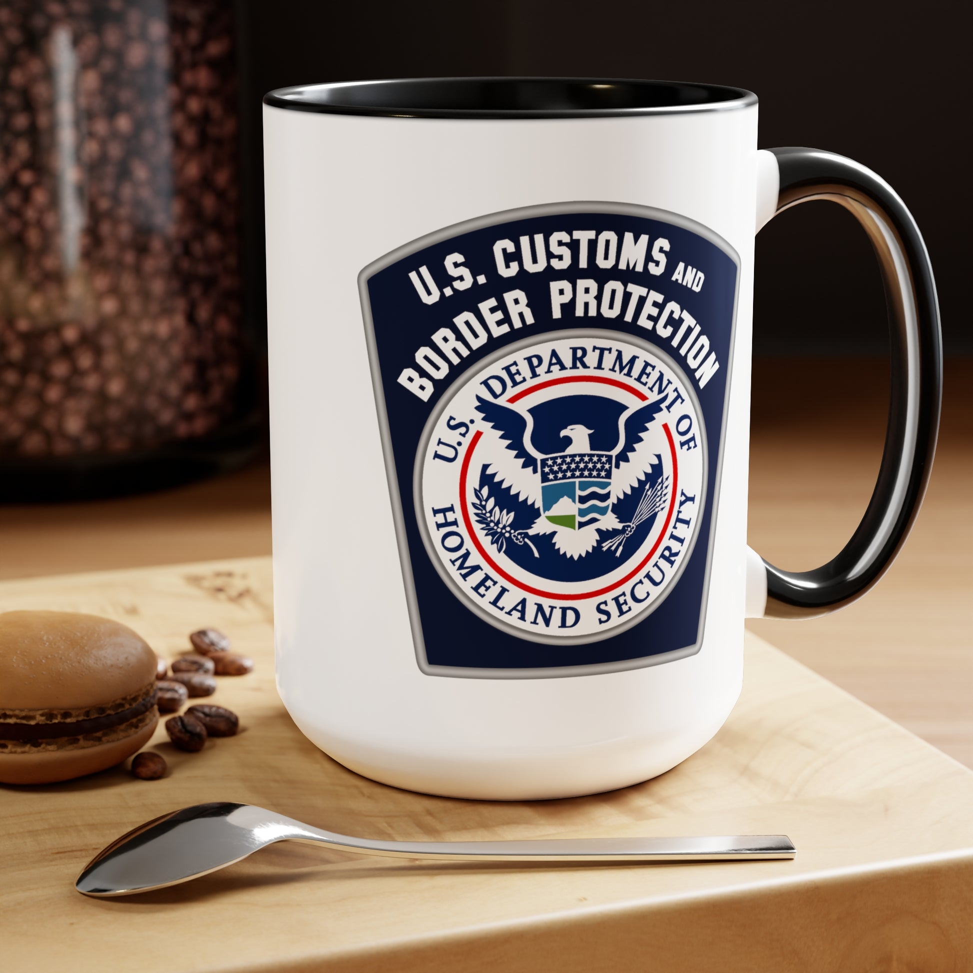 US Customs and Border Protection Coffee Mug - Double Sided Black Accent White Ceramic 15oz by TheGlassyLass
