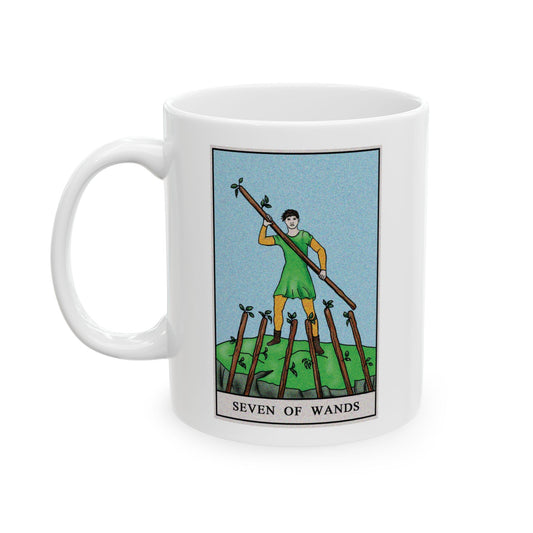 Seven of Wands of Wands Tarot Card Coffee Mug - Double Sided Print, White Ceramic, 11oz by TheGlassyLass.com