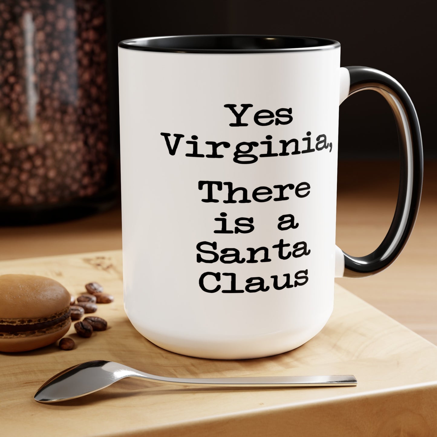 Yes Virginia Coffee Mug - Double Sided Black Accent White Ceramic 15oz by TheGlassyLass.com