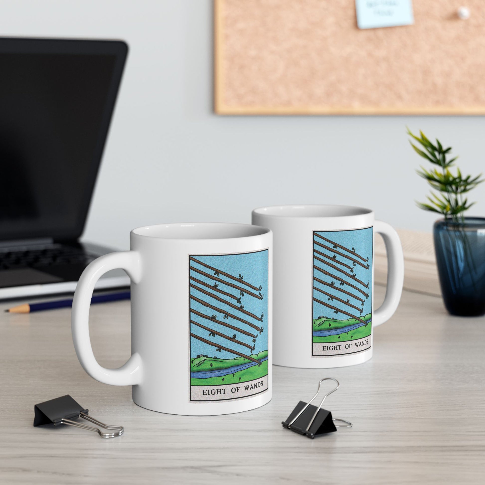 Eight of Wands of Wands Tarot Card Coffee Mug - Double Sided Print, White Ceramic, 11oz by TheGlassyLass.com