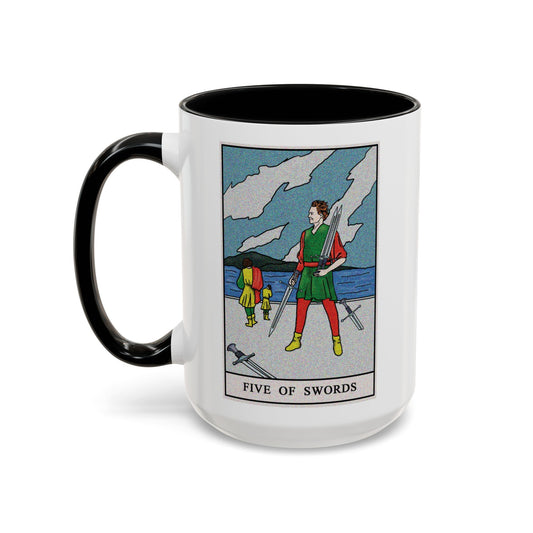 Five of Swords Tarot Card Coffee Mug - Double Sided Black Accent White Ceramic 15oz by TheGlassyLass.com