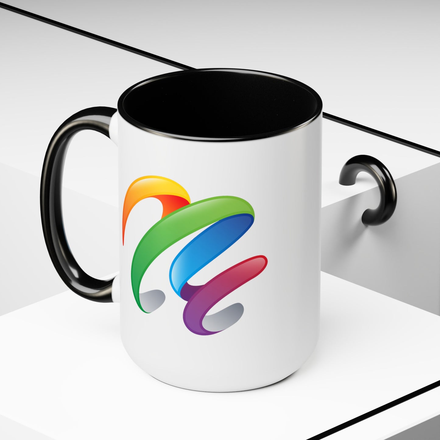 Rainbow Swirl Coffee Mug - Double Sided Black Accent White Ceramic 15oz by TheGlassyLass.com