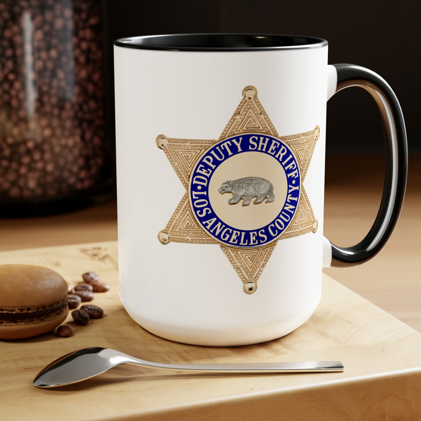 LASD Deputy Sheriff Badge Coffee Mugs - Double Sided Black Accent White Ceramic 15oz by TheGlassyLass