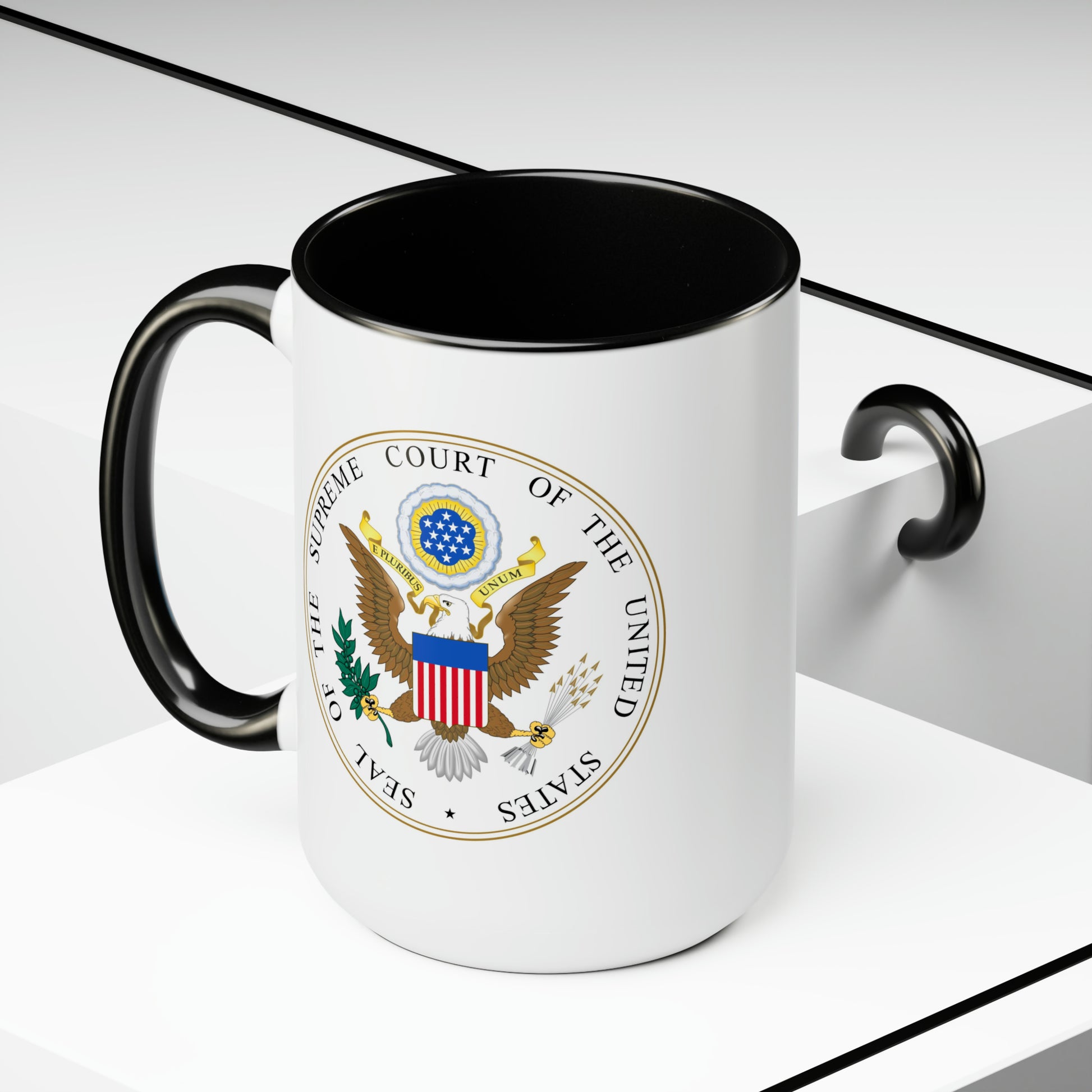 US Supreme Court Seal Coffee Mug - Double Sided Black Accent White Ceramic 15oz by TheGlassyLass.com