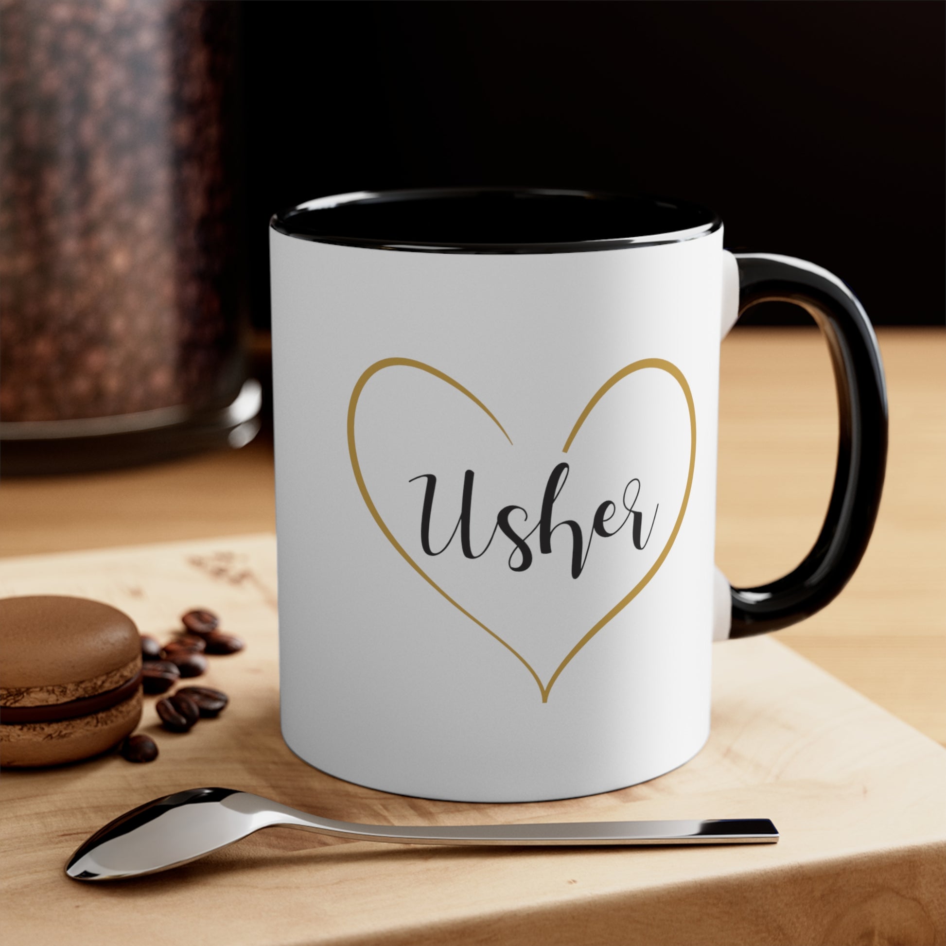 Usher Coffee Mug - Double Sided Black Accent Ceramic 11oz by TheGlassyLass.com