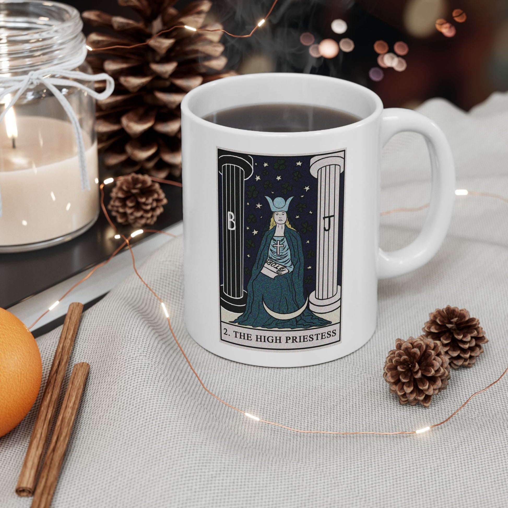 The High Priestess Tarot Card Coffee Mug - Double Sided Print, White Ceramic, 11oz by TheGlassyLass.com