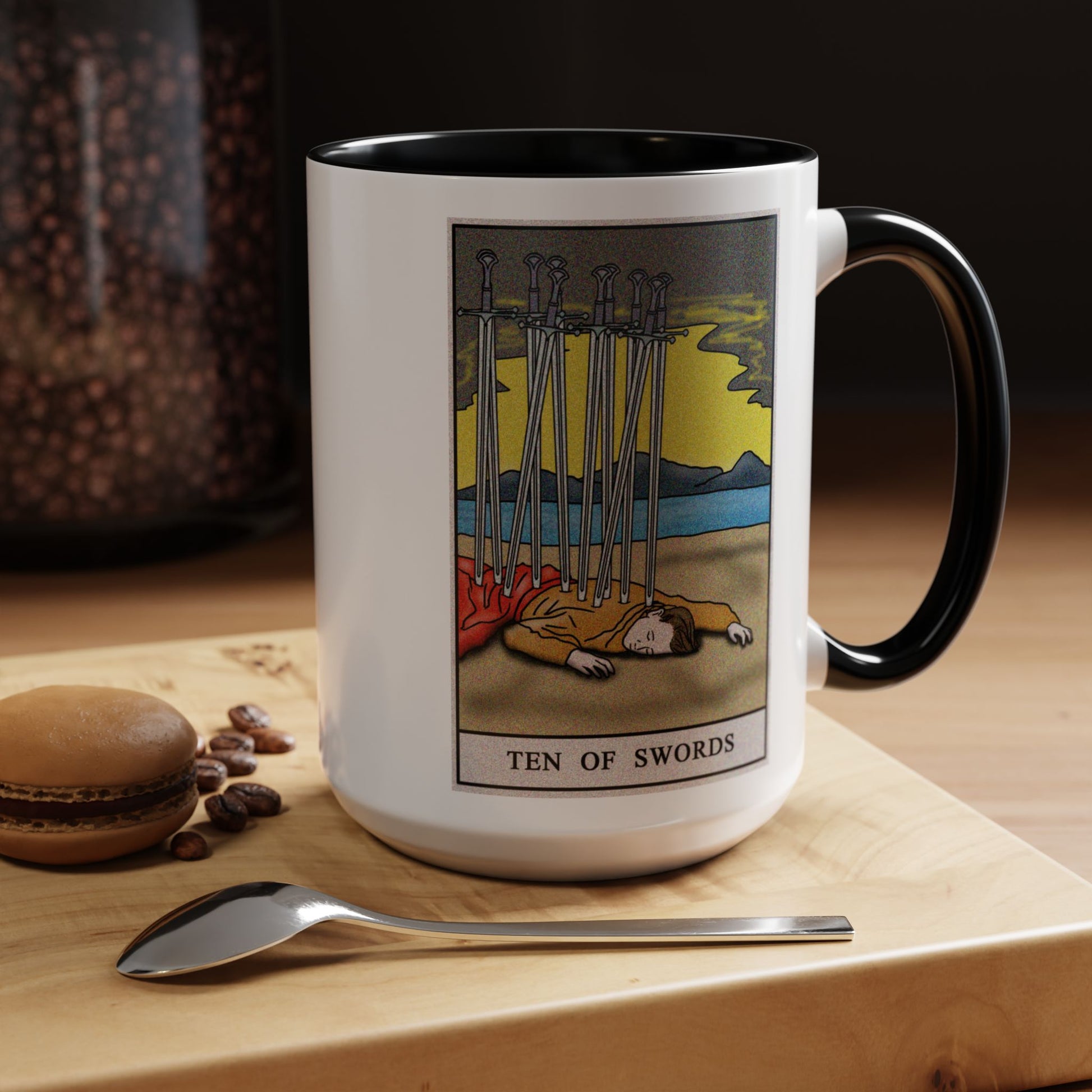 Ten of Swords Tarot Card Coffee Mug - Double Sided Black Accent White Ceramic 15oz by TheGlassyLass.com
