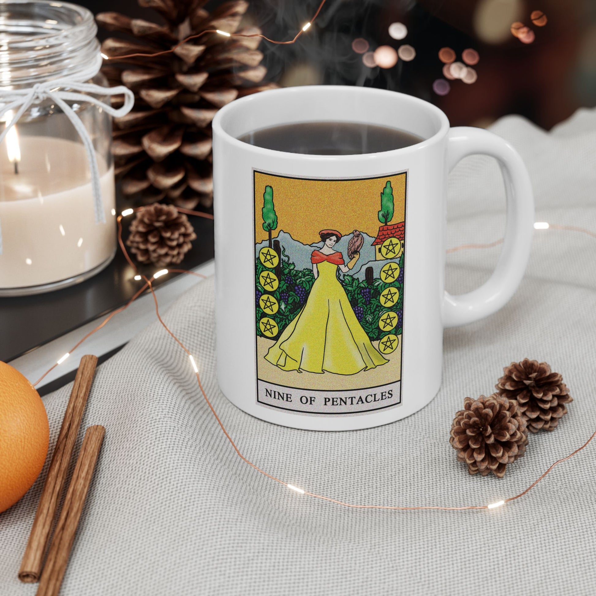 Nine of Pentacles Tarot Card Coffee Mug - Double Sided Print, White Ceramic, 11oz by TheGlassyLass.com