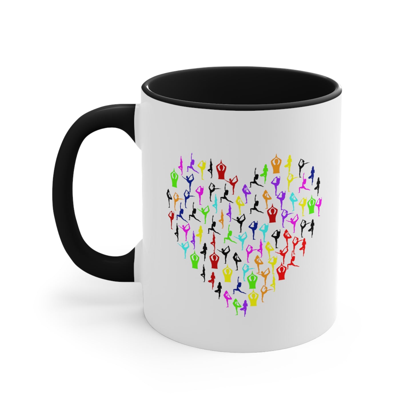 Rainbow Heart Yoga Coffee Mug - Double Sided Black Accent White Ceramic 11oz by TheGlassyLass.com