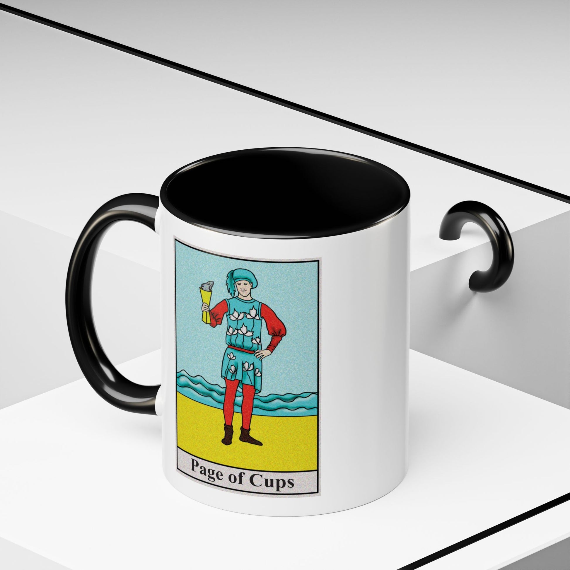 Page of Cups Tarot Card Coffee Mug - Double Sided Print, Black Accent White Ceramic, 11oz by TheGlassyLass.com