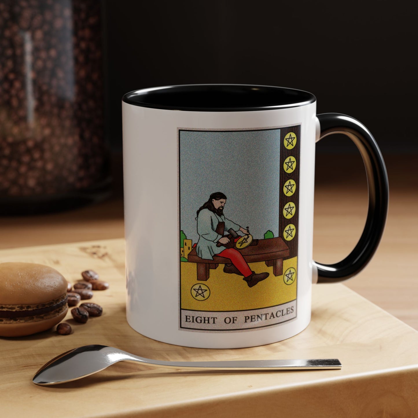 Eight of Pentacles Tarot Card Coffee Mug - Double Sided Print, Black Accent White Ceramic, 11oz by TheGlassyLass.com
