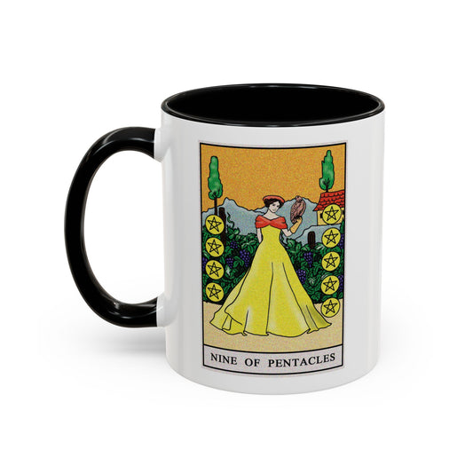 Nine of Pentacles Tarot Card Coffee Mug - Double Sided Print, Black Accent White Ceramic, 11oz by TheGlassyLass.com