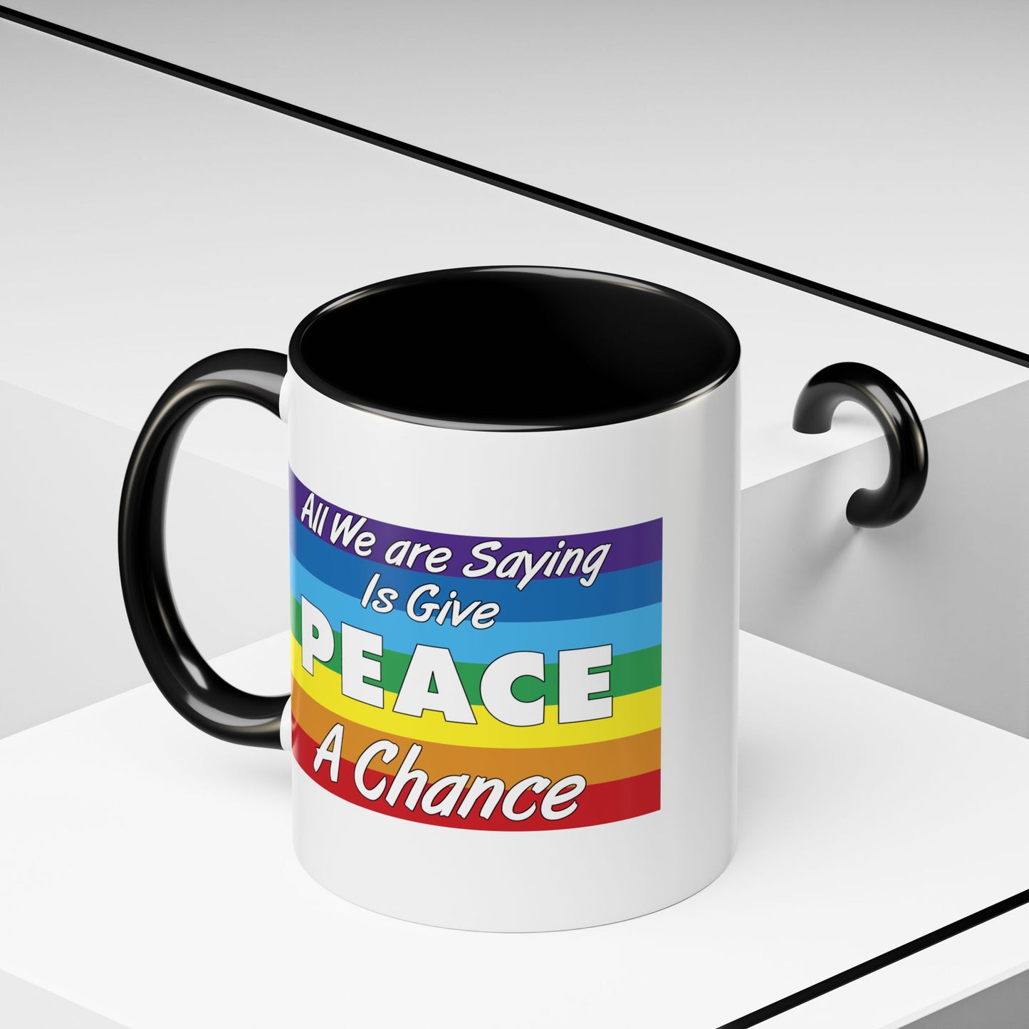 Give Peace a Chance Flag Coffee Mug - Double Sided Black Accent White Ceramic 11oz by TheGlassyLass.com