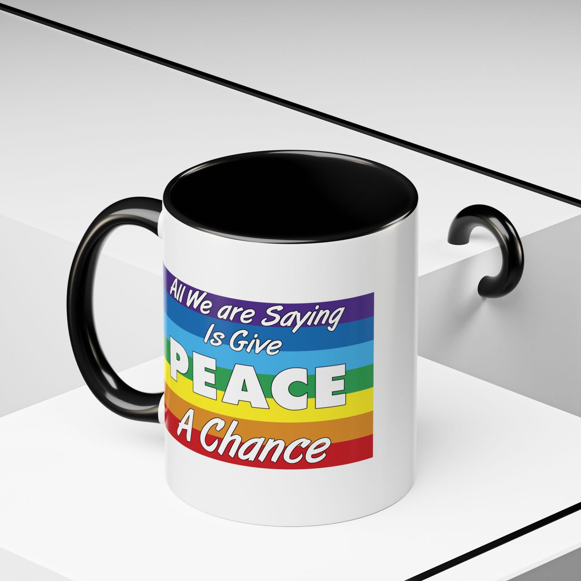 Give Peace a Chance Flag Coffee Mug - Double Sided Black Accent White Ceramic 11oz by TheGlassyLass.com