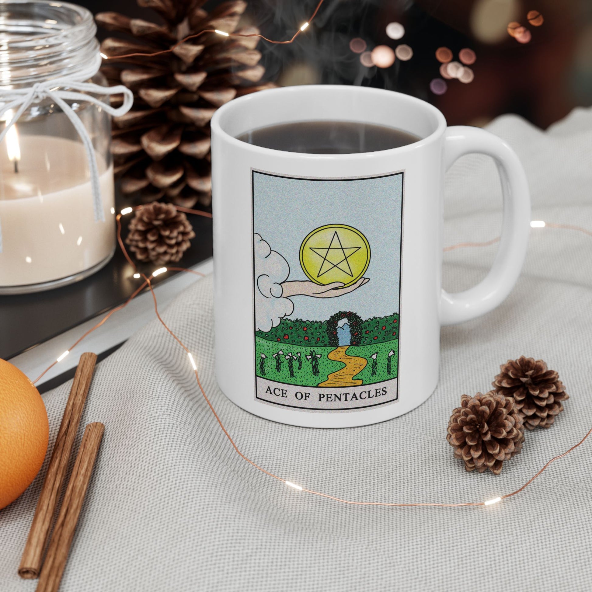 Ace of Pentacles Tarot Card Coffee Mug - Double Sided Print, White Ceramic, 11oz by TheGlassyLass.com