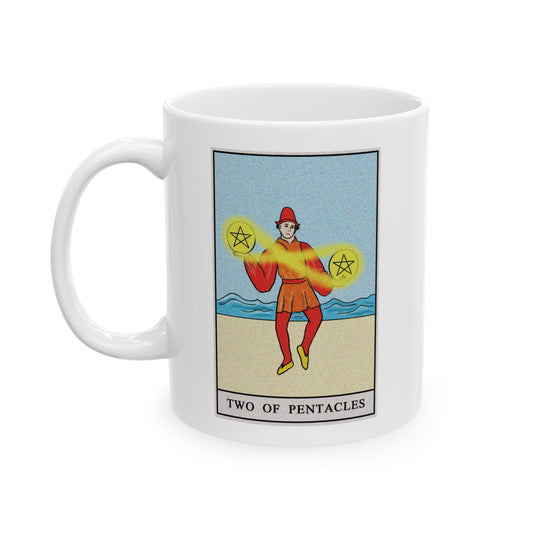 Two of Pentacles Tarot Card Coffee Mug - Double Sided Print, White Ceramic, 11oz by TheGlassyLass.com