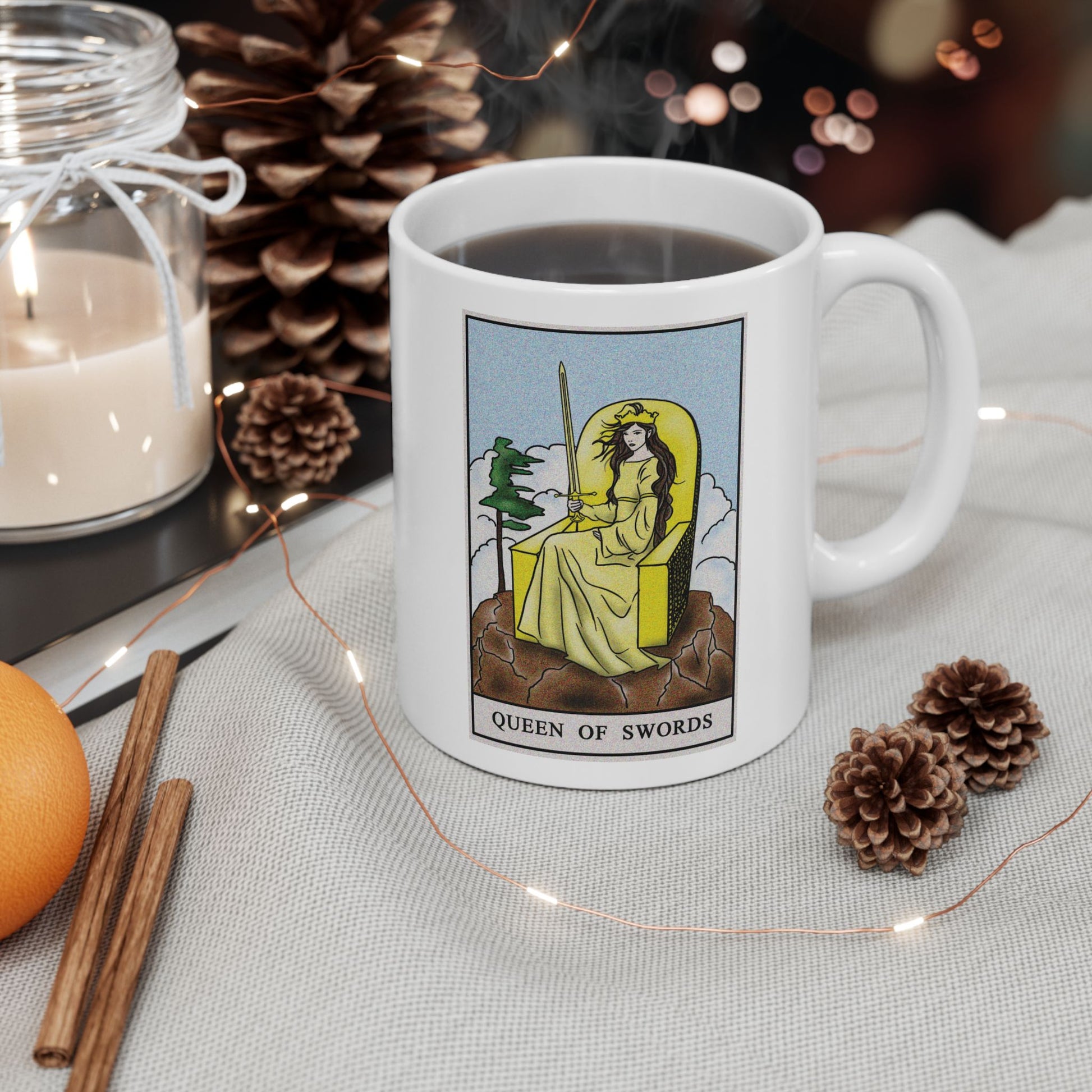 Queen of Swords Tarot Card Coffee Mug - Double Sided Print, White Ceramic, 11oz by TheGlassyLass.com