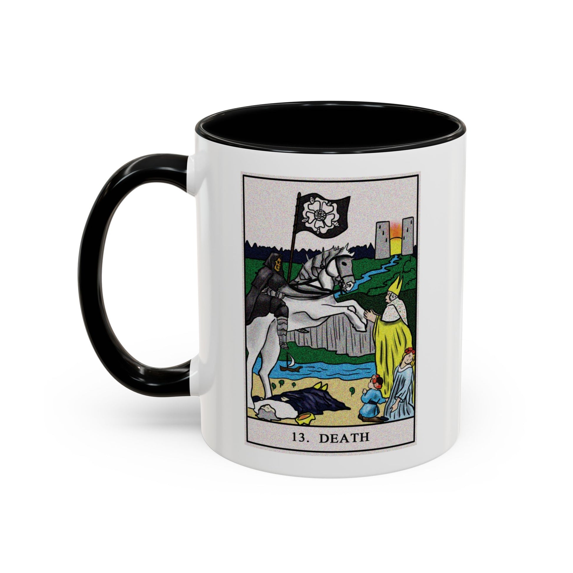 Death Tarot Card Coffee Mug - Double Sided Print, Black Accent White Ceramic, 11oz by TheGlassyLass.com