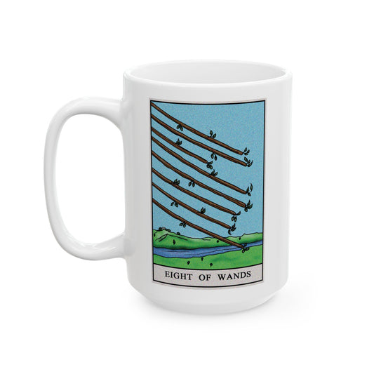 Eight of Wands Tarot Card Coffee Mug - Double Sided White Ceramic 15oz by TheGlassyLass.com