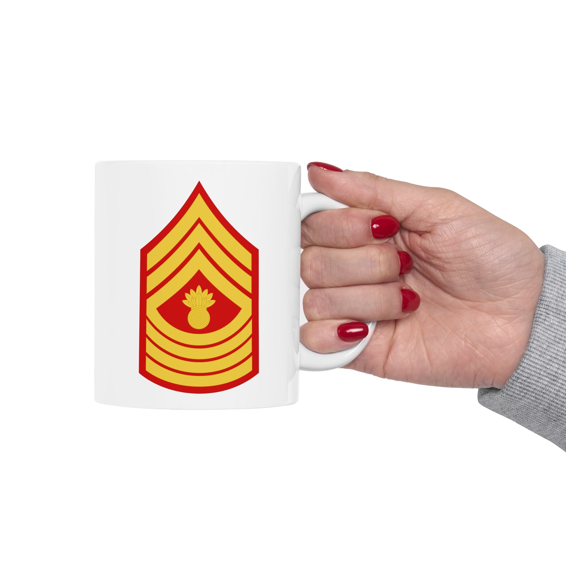 United States Marine Corps Master Gunnery Sergeant (E-9) Chevron Coffee Mug - Double Sided White Ceramic 11oz - by TheGlassyLass.com