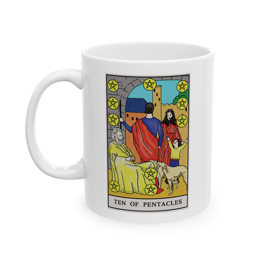 Ten of Pentacles Tarot Card Coffee Mug - Double Sided Print, White Ceramic, 11oz by TheGlassyLass.com