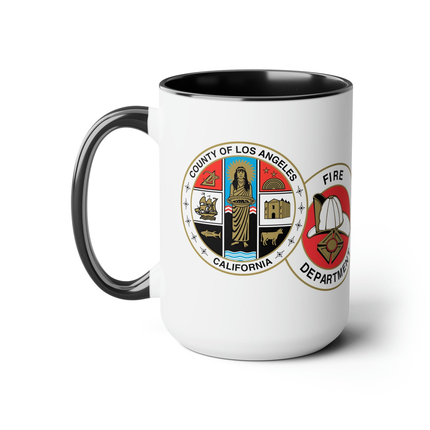 LA County Fire Department Coffee Mug - Double Sided Print Black Accent Two-Tone White Ceramic 15oz by TheGlassyLass.com