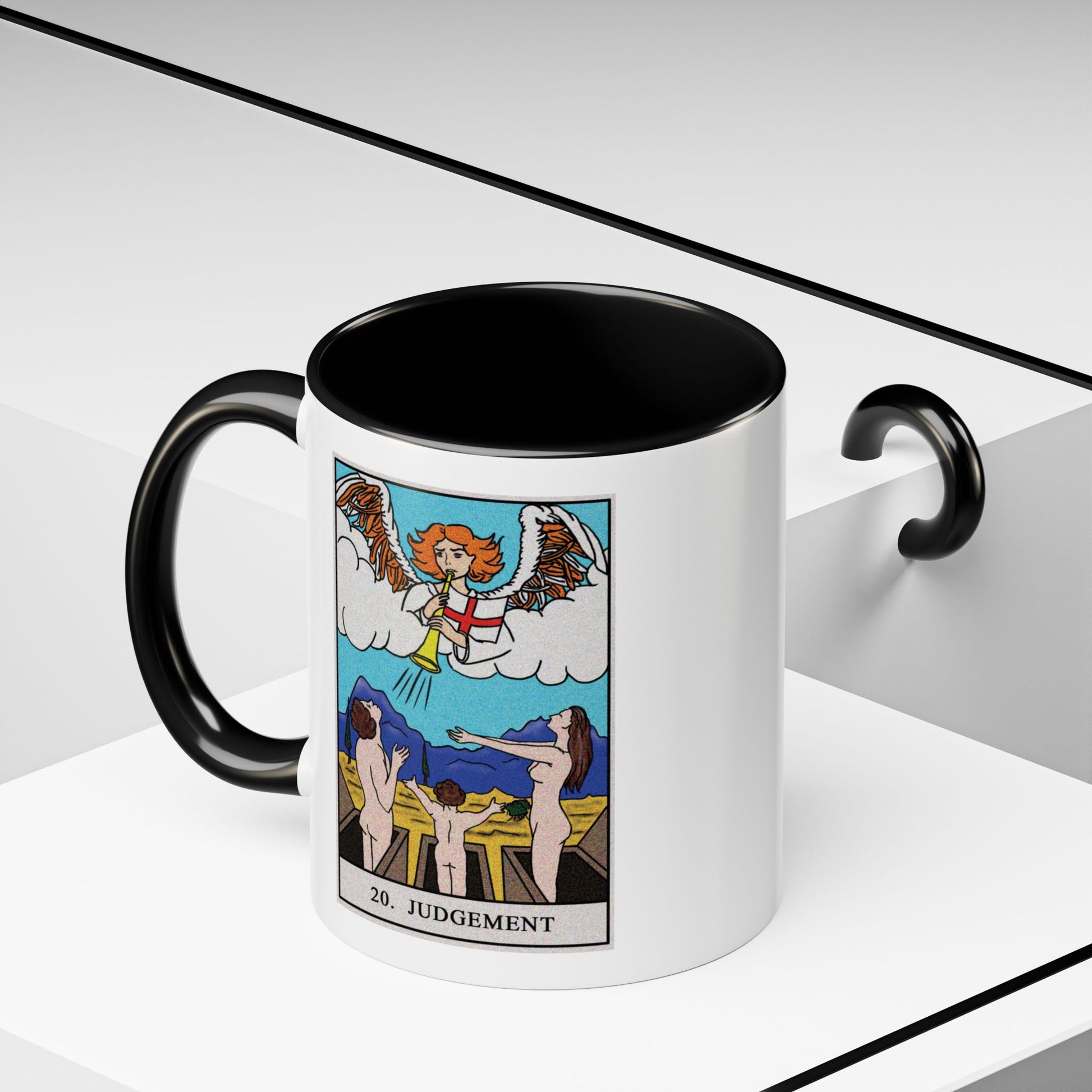 The Judgement Tarot Card Coffee Mug - Double Sided Print, Black Accent White Ceramic, 11oz by TheGlassyLass.com