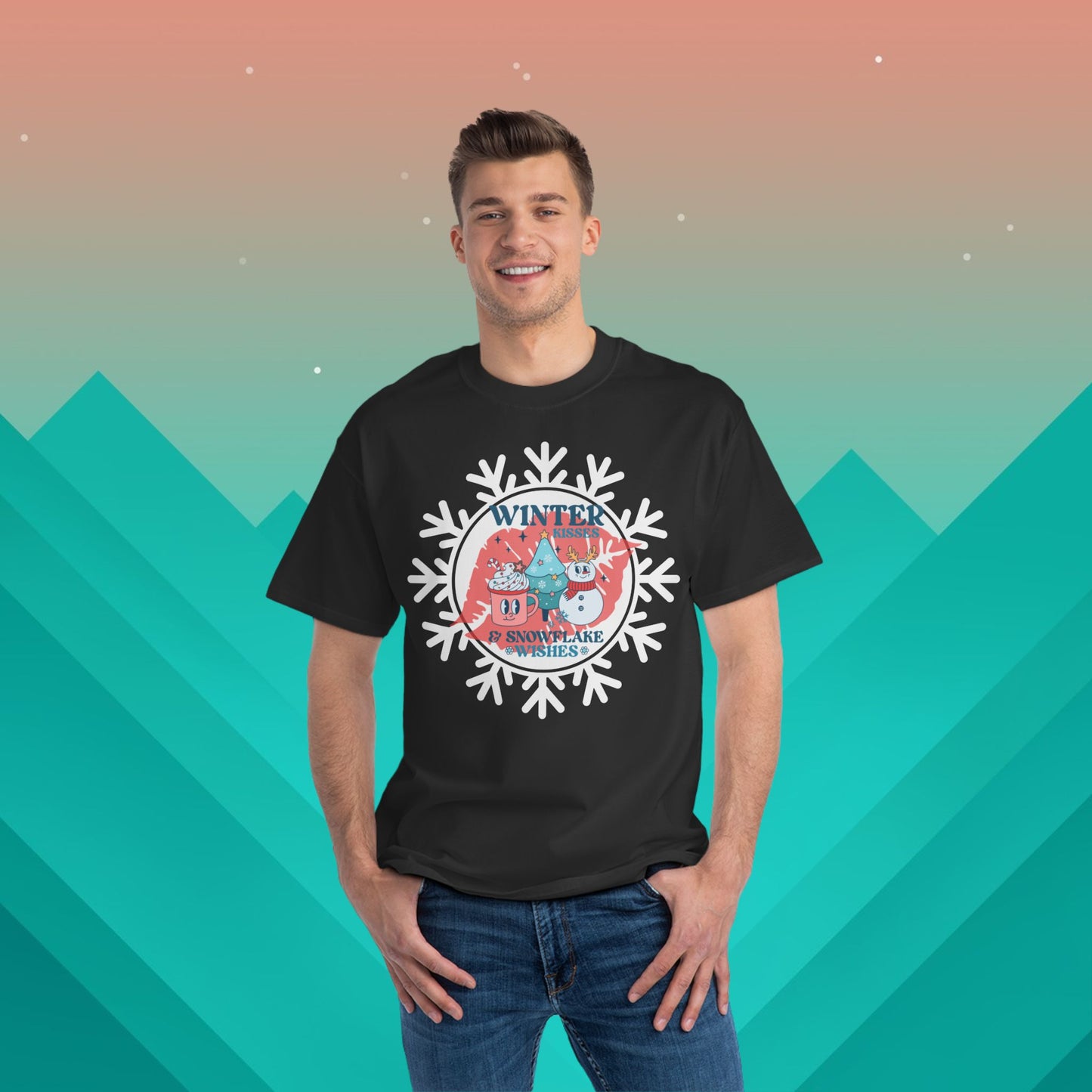 Winter Kisses and Snowflake Wishes Christmas T-Shirt: (Hanes Beefy-T 100% Preshrunk Cotton Custom Printed by TheGlassyLass.com