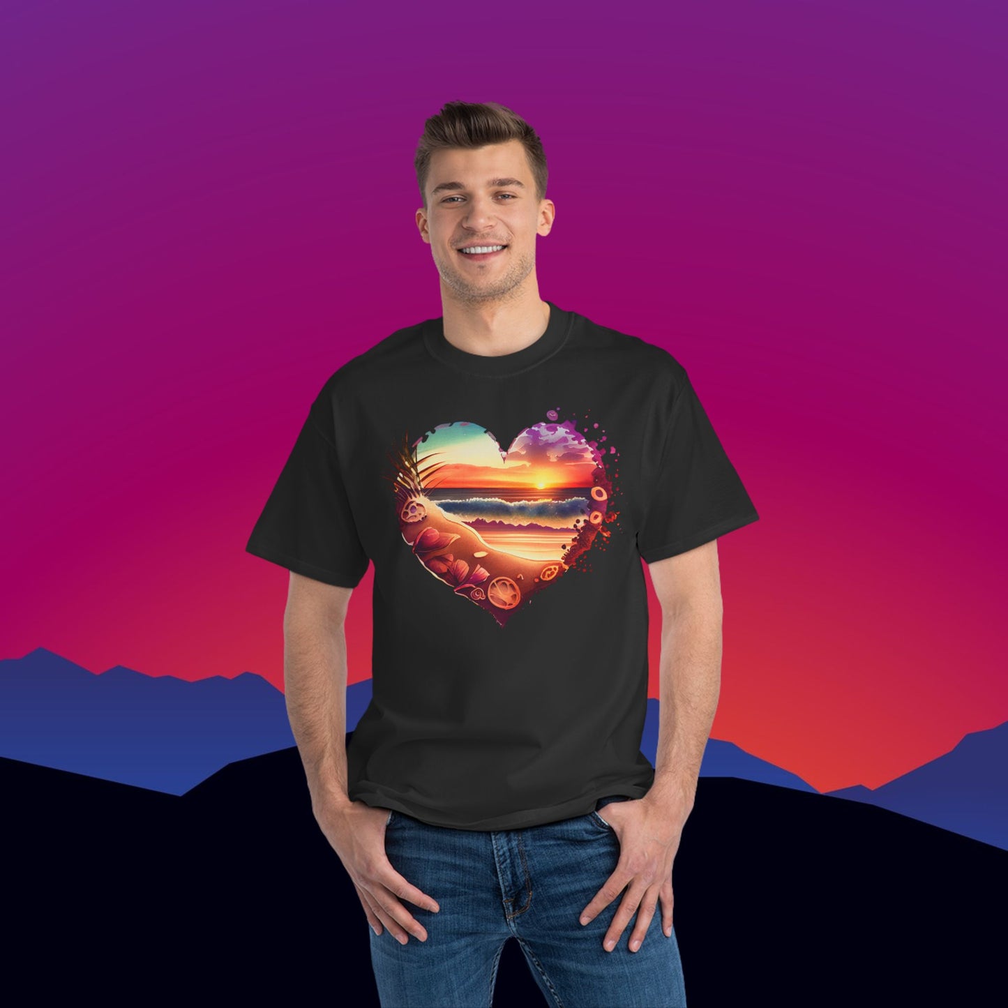 Beach Heart Travel T-Shirt: (Hanes Beefy-T 100% Preshrunk Cotton) Custom Printed by TheGlassyLass.com