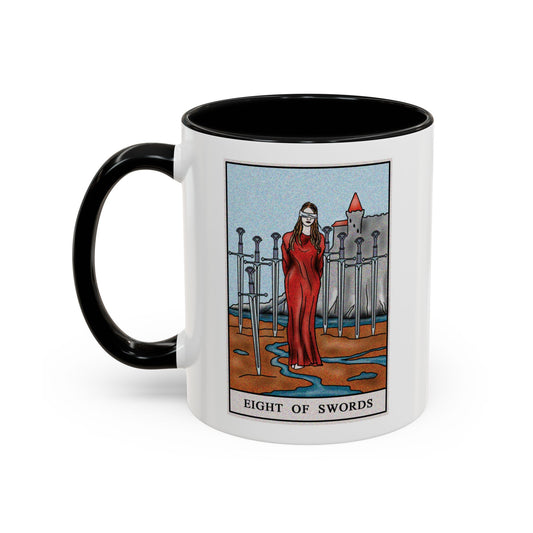 Eight of Swords Tarot Card Coffee Mug - Double Sided Print, Black Accent White Ceramic, 11oz by TheGlassyLass.com