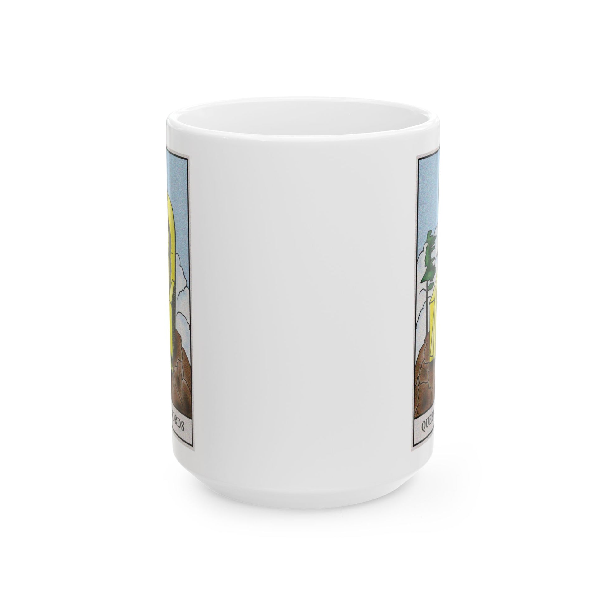 Queen of Swords Tarot Card Coffee Mug - Double Sided White Ceramic 15oz by TheGlassyLass.com