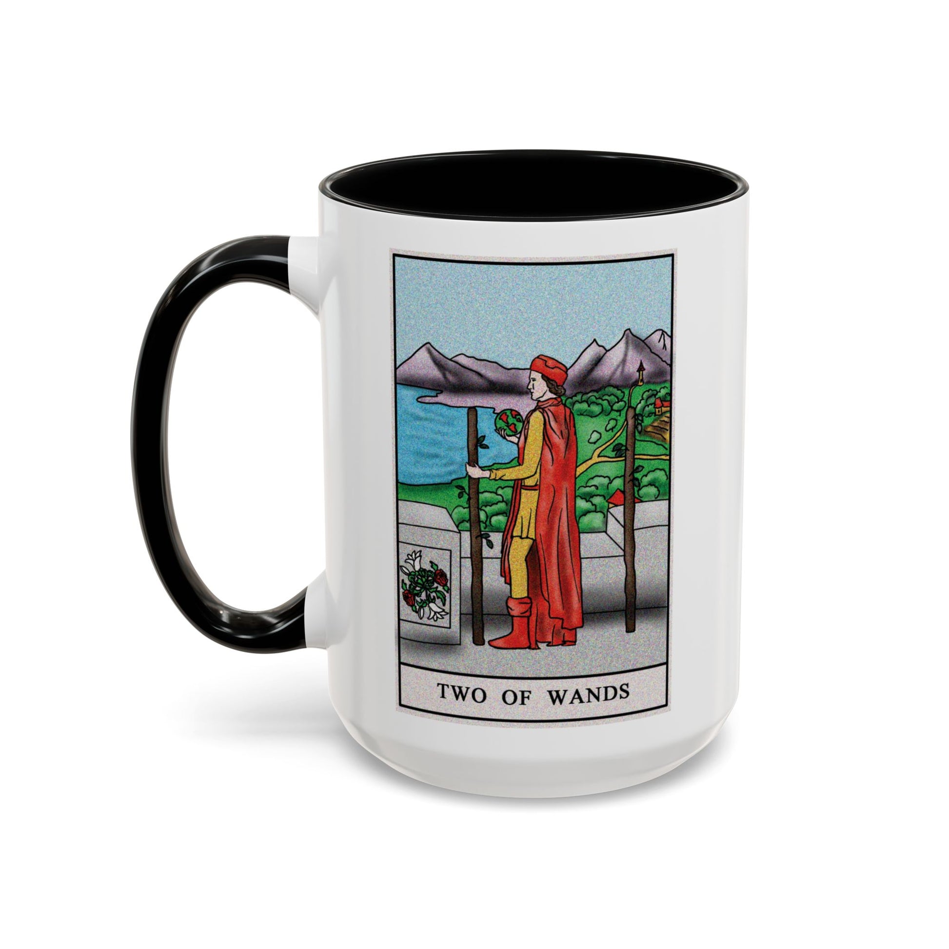 Two of Wands Tarot Card Coffee Mug - Double Sided Black Accent White Ceramic 15oz by TheGlassyLass.com