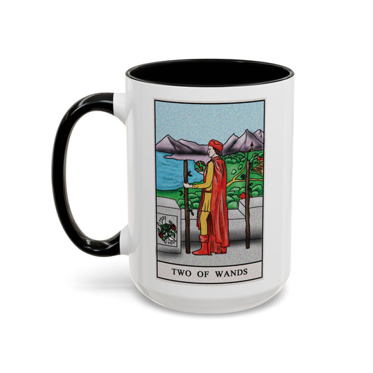 Two of Wands Tarot Card Coffee Mug - Double Sided Black Accent White Ceramic 15oz by TheGlassyLass.com