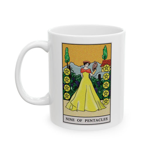 Nine of Pentacles Tarot Card Coffee Mug - Double Sided Print, White Ceramic, 11oz by TheGlassyLass.com