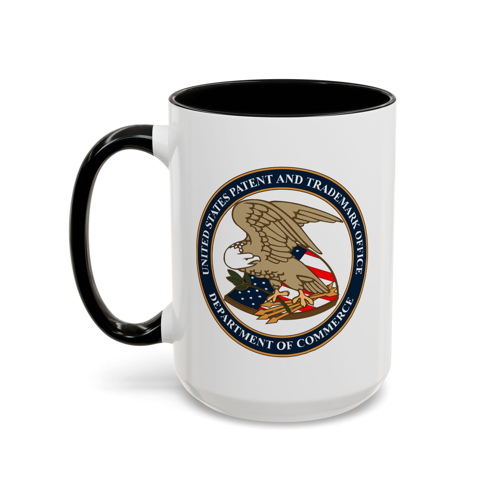 United States Patent and Trademark Office Coffee Mug - Double Sided Print, Black Accent White Ceramic, 15oz by TheGlassyLass.com