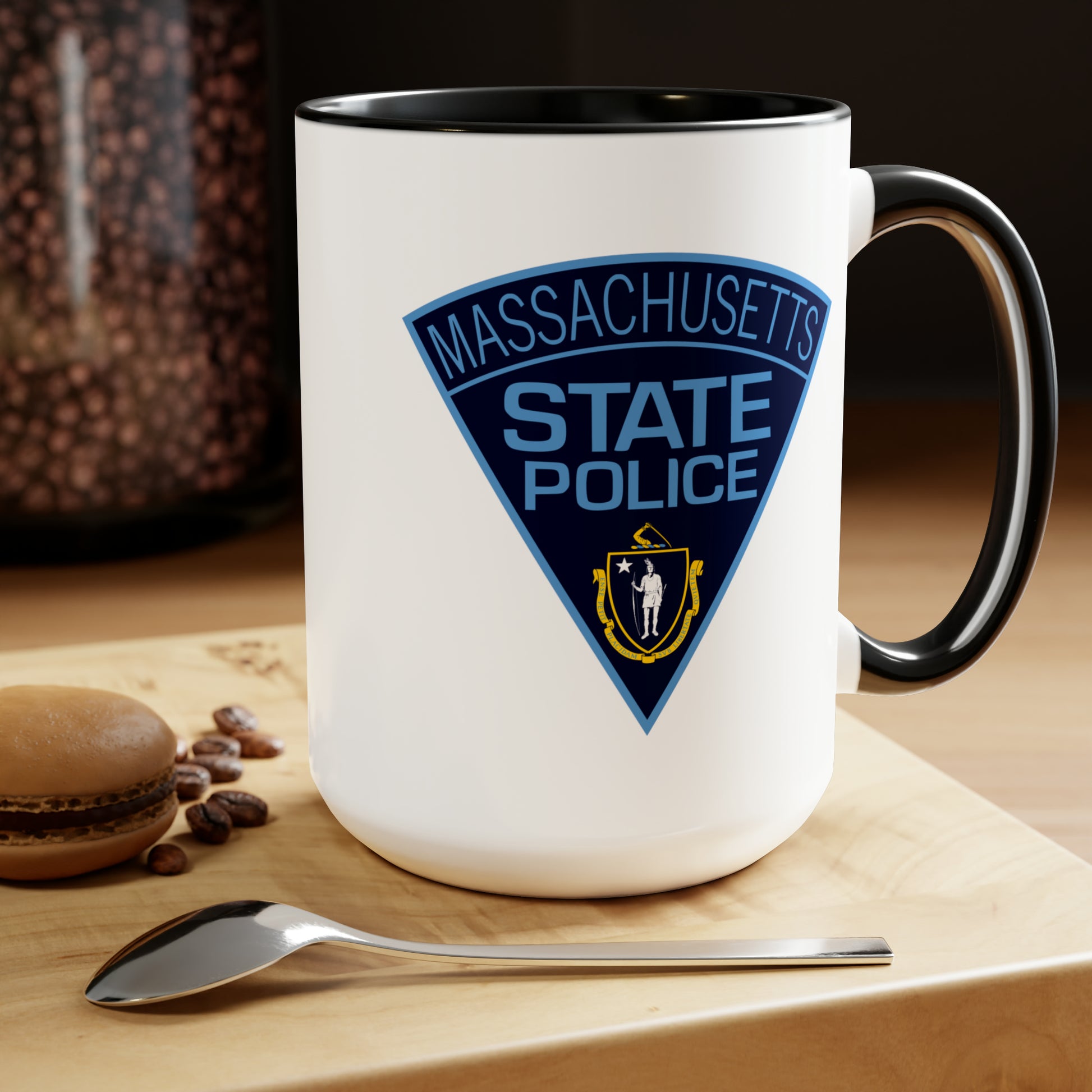 Massachusetts State Police Coffee Mug - Double Sided Black Accent White Ceramic 15oz by TheGlassyLass