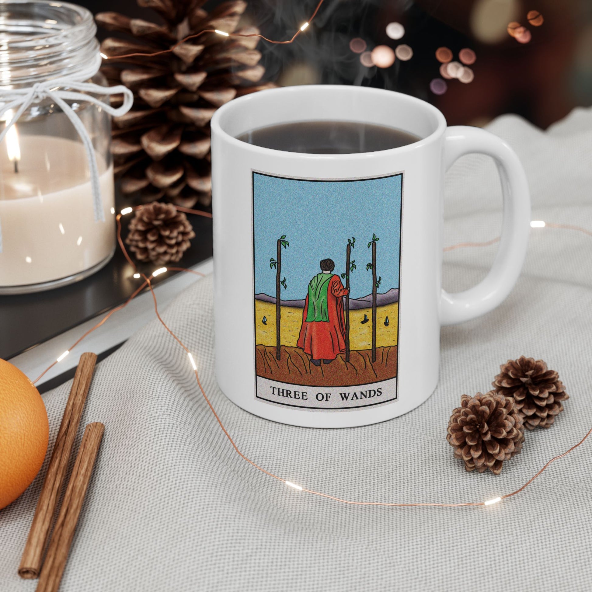 Three of Wands Tarot Card Coffee Mug - Double Sided Print, White Ceramic, 11oz by TheGlassyLass.com