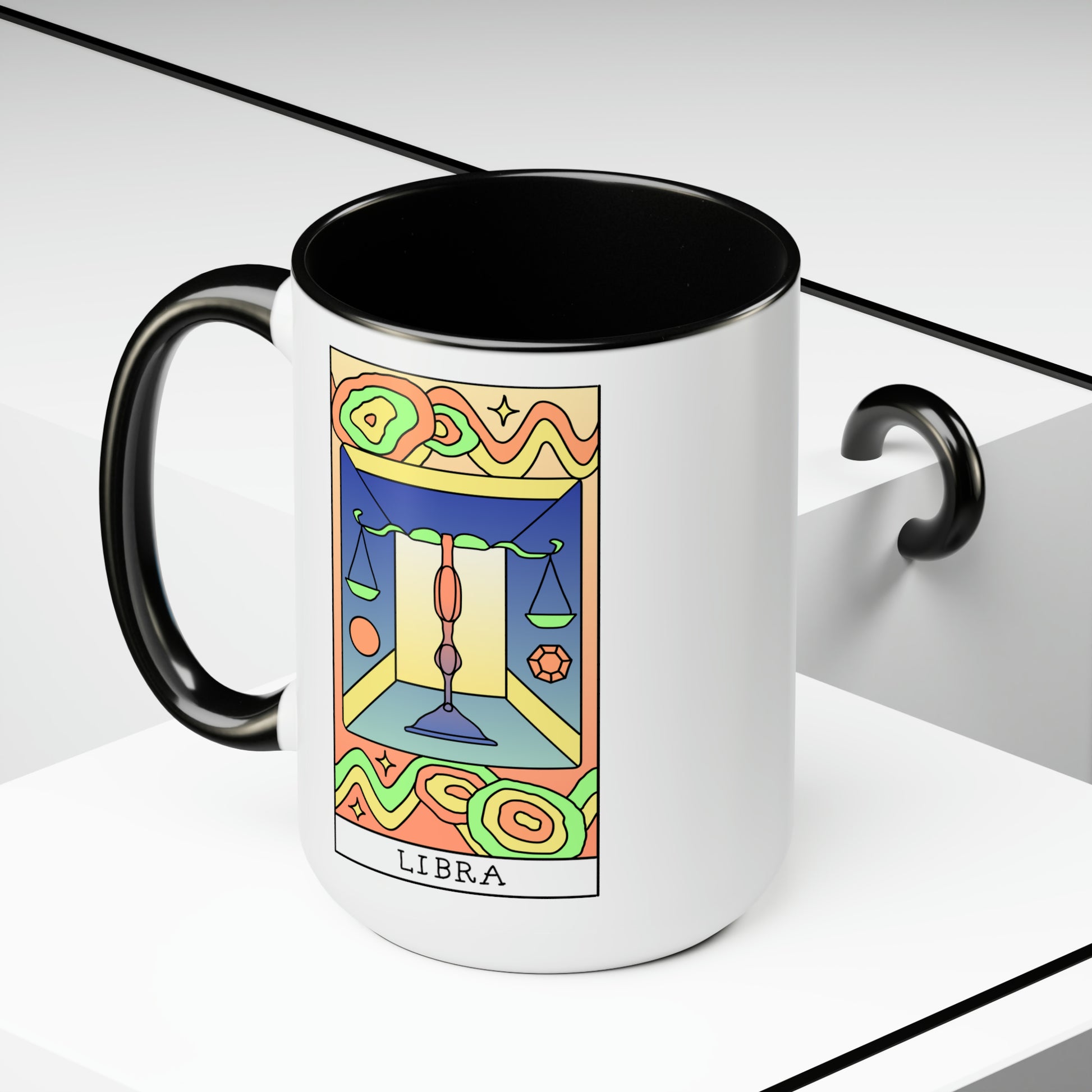 Libra Tarot Card Coffee Mug - Double Sided Black Accent Ceramic 15oz by TheGlassyLass.com