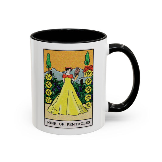Nine of Pentacles Tarot Card Coffee Mug - Double Sided Print, Black Accent White Ceramic, 11oz by TheGlassyLass.com