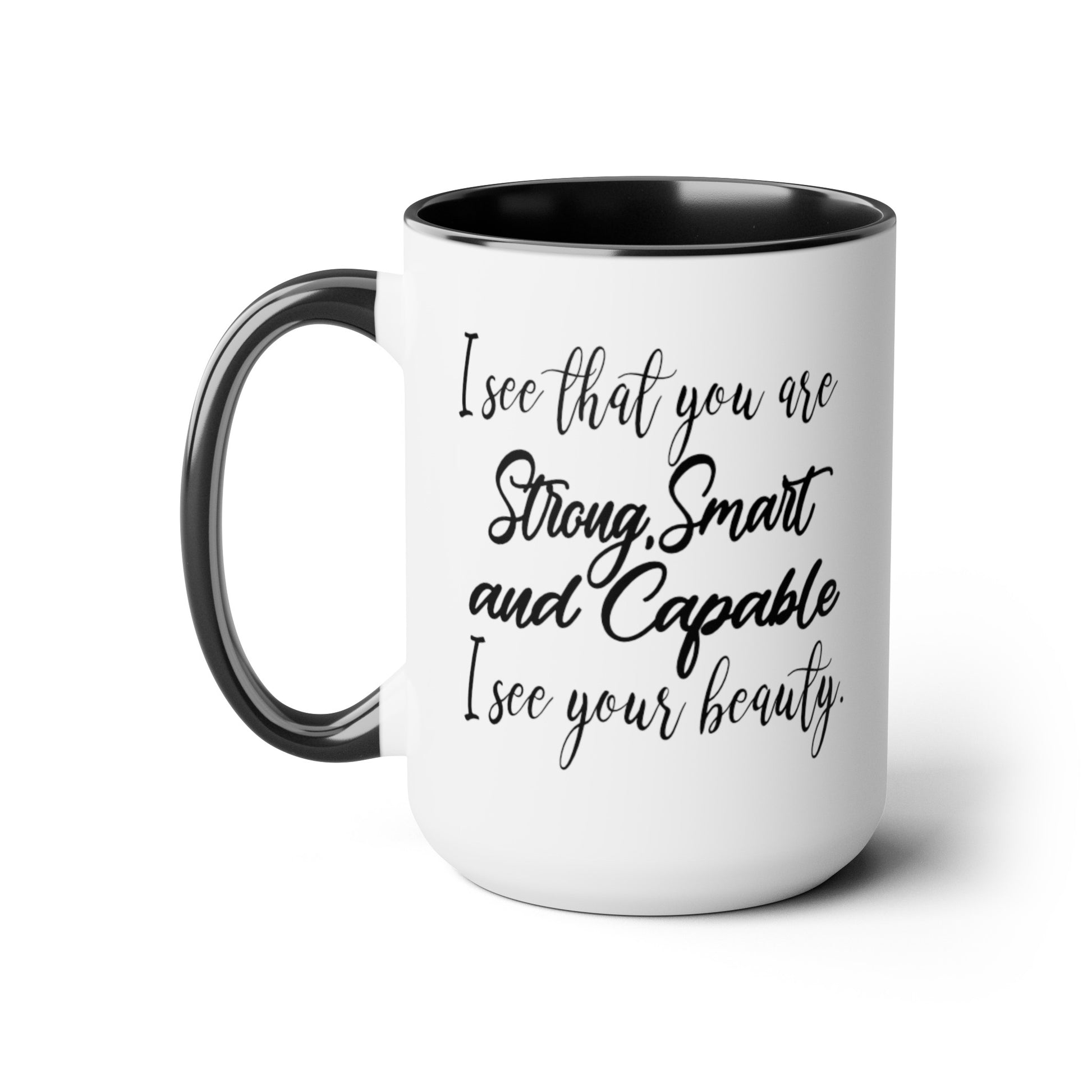 Smart Strong Capable Coffee Mug - Double Sided Black Accent White Ceramic 15oz by TheGlassyLass.com