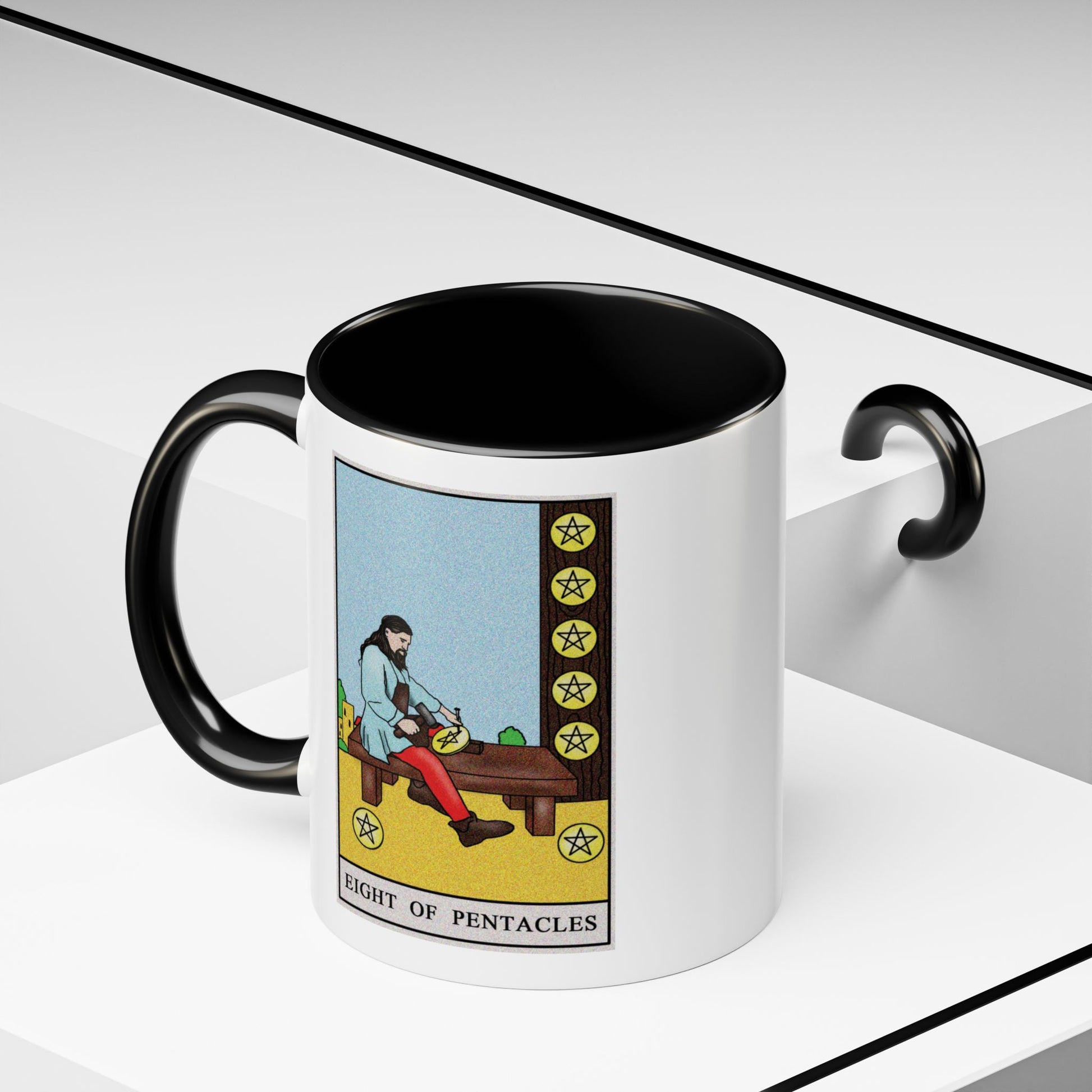 Eight of Pentacles Tarot Card Coffee Mug - Double Sided Print, Black Accent White Ceramic, 11oz by TheGlassyLass.com