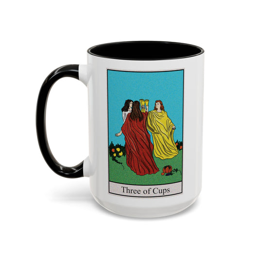 Three of Cups Tarot Card Coffee Mug - Double Sided Black Accent White Ceramic 15oz by TheGlassyLass