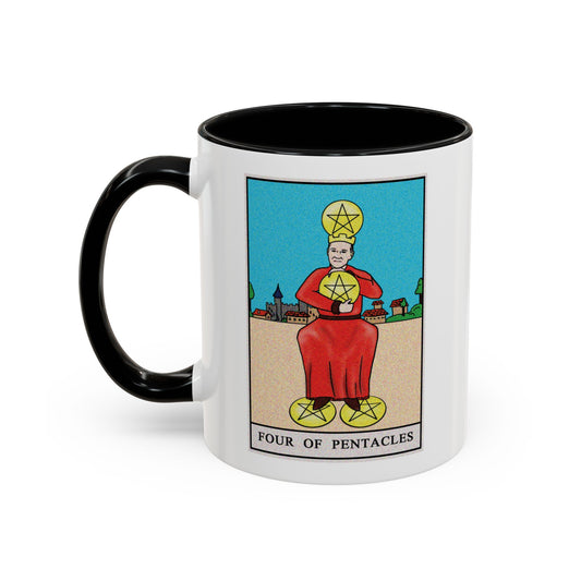 Four of Pentacles Tarot Card Coffee Mug - Double Sided Print, Black Accent White Ceramic, 11oz by TheGlassyLass.com