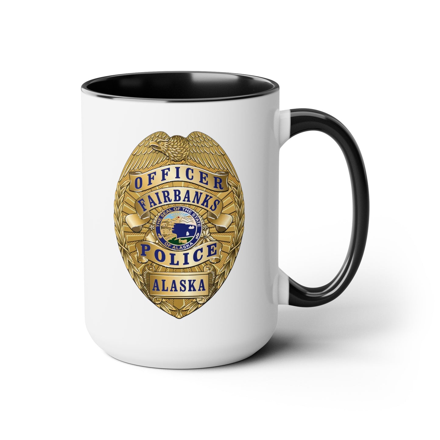 Fairbanks Police Badge Coffee Mug - Double Sided Black Accent White Ceramic 15oz by TheGlassyLass.com